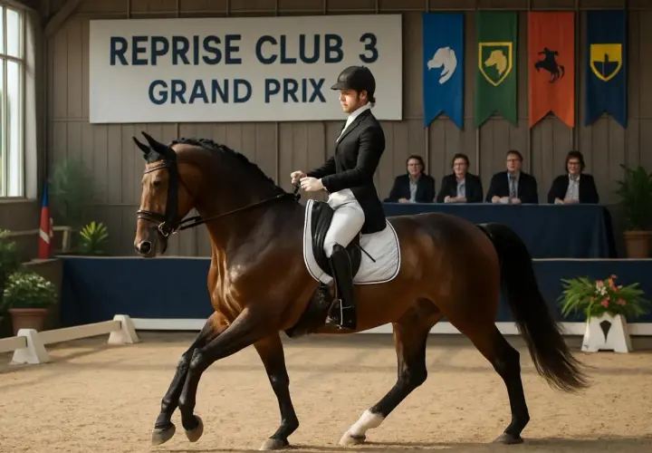 Cavalier en tenue de concours, effectuant une figure de **serpentine équitation** devant des juges.