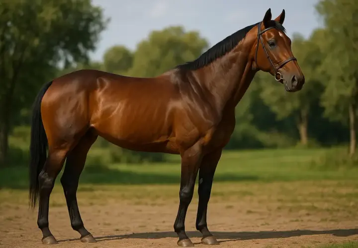 Un magnifique cheval pur sang brun, musclé et fier, se tient dans un pré verdoyant sous un ciel bleu.