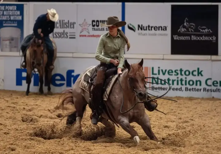 Une cavalière effectue un virage serré, soulevant de la poussière avec son cheval lors d'une compétition de cutting cheval.