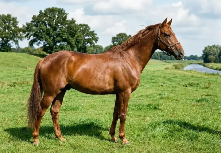 Un magnifique cheval westphalien, robe alezane, se tient dans un pré verdoyant, près d'une rivière.