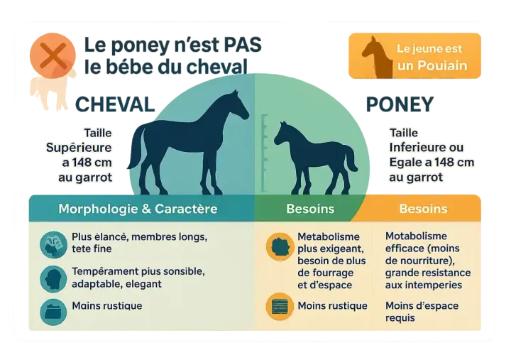 Comparaison cheval/poney : taille (supérieure/inférieure à 148 cm au garrot), morphologie, caractère et besoins. Le poney n'est pas un bébé cheval.