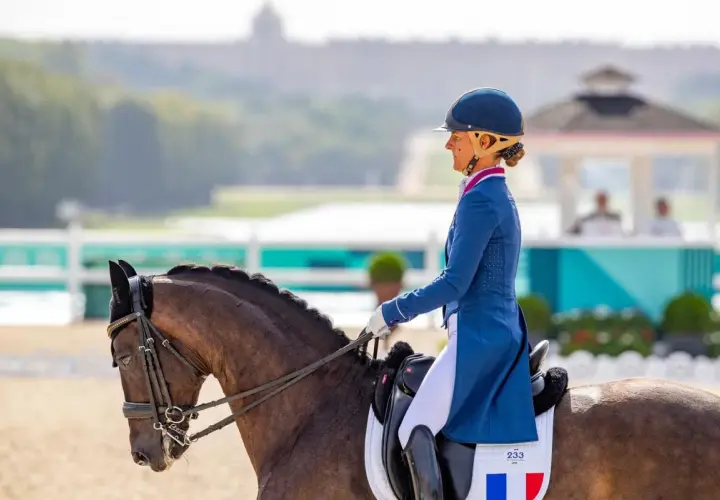 Cavalier pro en tenue d'apparat, concentrée sur sa reprise de dressage. Le cheval, fier, est prêt pour la compétition.