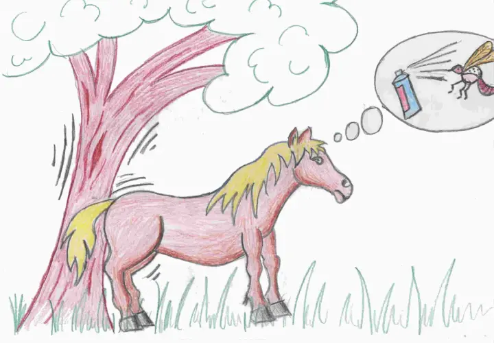 Un cheval qui gratte le sol, sous un arbre, rêve d'un moustique qui se fait pulvériser.