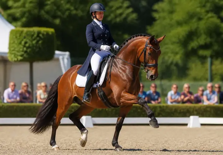 Une cavalière exécute une figure de manège avec son cheval bai. Le couple est en mouvement, le cheval lève une patte avant.