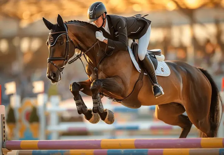 Un cavalier et son cheval bondissent par-dessus un obstacle. Est-ce que l'équitation est un sport ? Absolument, cela demande force, agilité et confiance.