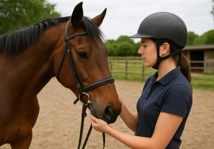 Une cavalière en casque noir caresse la tête d'un cheval bai. Le mécanisme du trot galop 3 est essentiel pour leur harmonie.