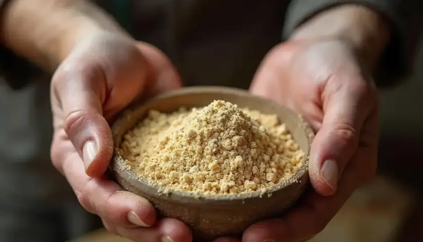 Mains tenant un bol rempli de psyllium blond, une poudre fine et dorée, idéale pour le bien-être digestif de votre cheval.