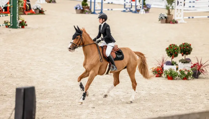 Une cavalière en tenue d'équitation exécute un volte cheval sur une piste de sable, entourée de décorations florales.
