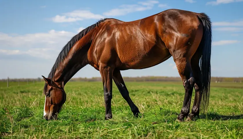 Un cheval brun, le museau dans l'herbe, semble grignoter un peu de terre. Le ciel bleu et les nuages blancs complètent ce tableau champêtre.