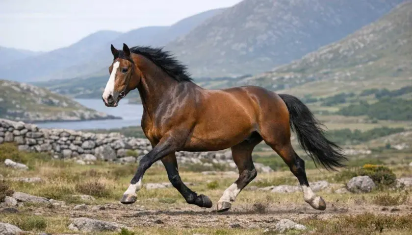 Un magnifique irish sport horse brun galope sur un terrain rocheux, avec des montagnes et un lac en arrière-plan.
