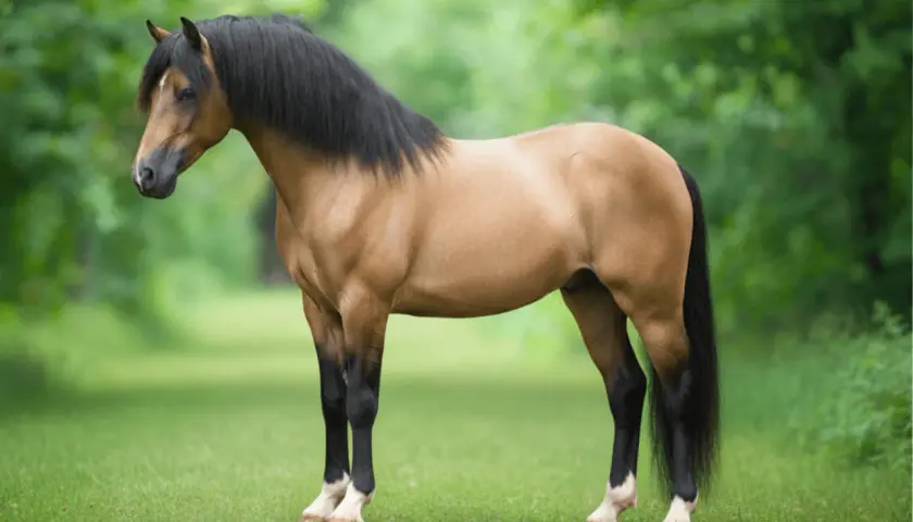 Un magnifique welsh poney bai à la crinière noire épaisse se tient dans un pré verdoyant.
