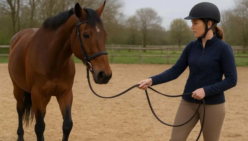 Une cavalière en tenue d'équitation tient les rênes d'un cheval brun dans un manège. Le cheval est prêt pour le trot enlevé.