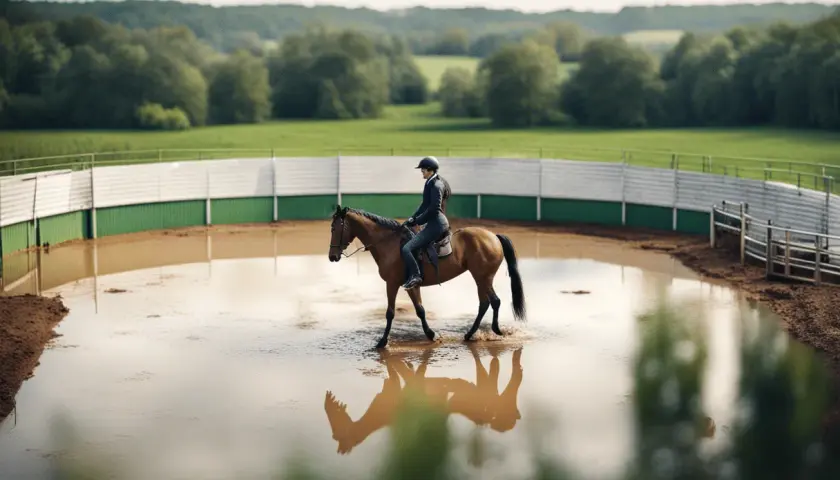 Cavalier et cheval dans une carrière équestre inondée, reflétant la réglementation carrière équestre.