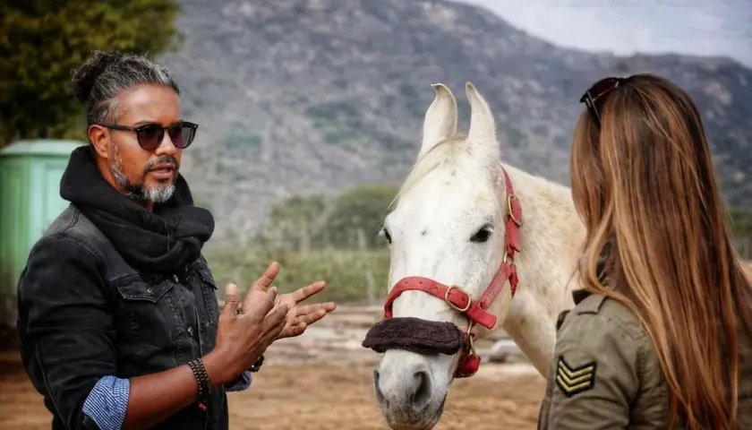 Un homme parle à un magnifique cheval marwari blanc, une femme se tient à côté.