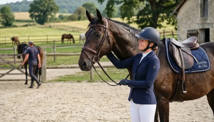 Une cavalière souriante, prête pour la discipline équestre, tient son cheval dans une cour de ferme.