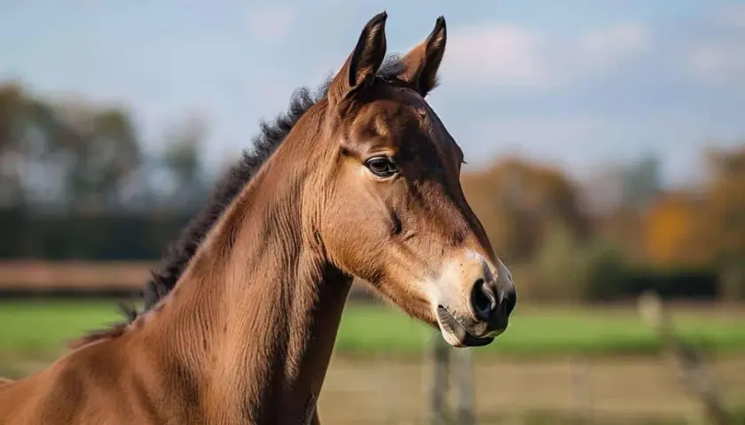 Portrait d'un jeune cheval américain au pelage brun, la crinière noire ébouriffée, dans un pré verdoyant sous un ciel bleu.
