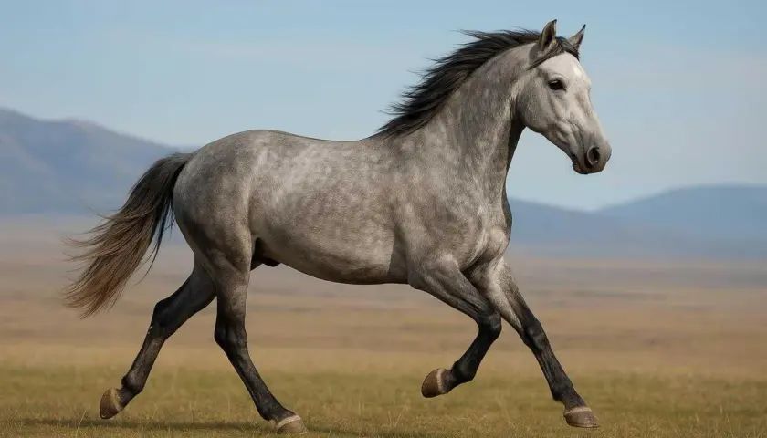 Un magnifique trotteur Orlov gris galope dans une prairie, sa crinière au vent, sous un ciel bleu clair.