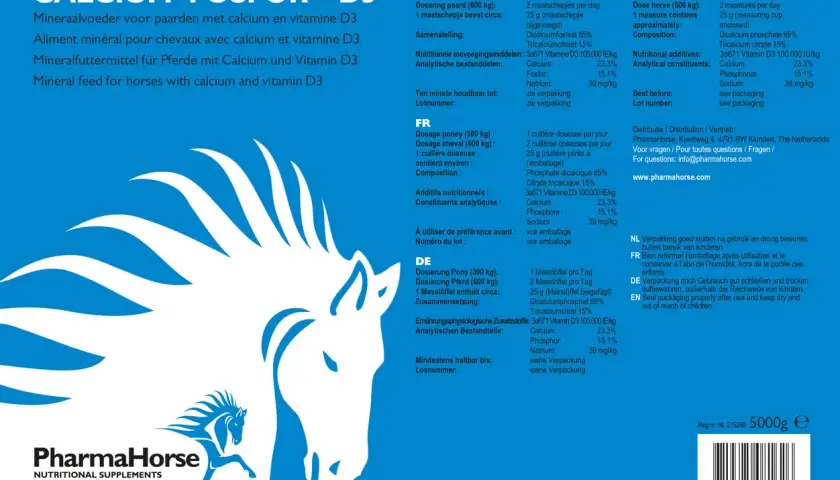 Aliment minéral pour chevaux, riche en calcium et phosphore, avec vitamine D3. Aide à la santé osseuse des équidés.