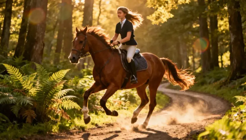 Une jeune femme en tenue d'équitation de travail galope sur un sentier forestier baigné de soleil.
