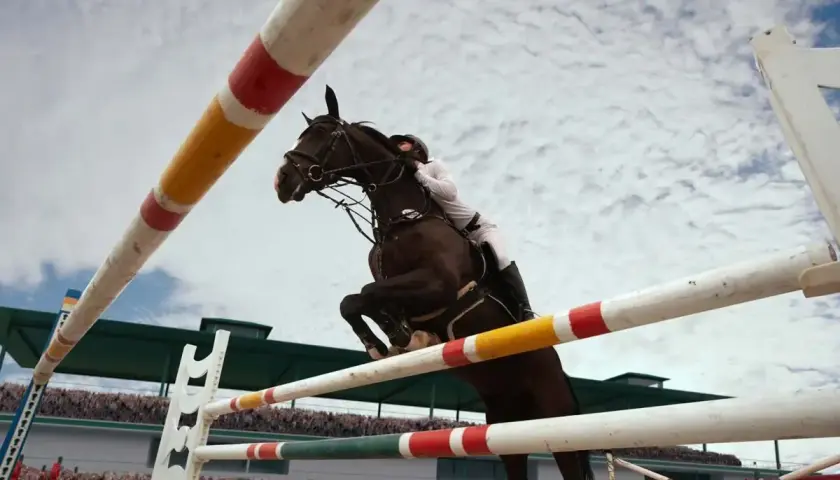 Un cheval brun saute par-dessus une barrière dans une carrière de saut d'obstacle, sous un ciel nuageux.