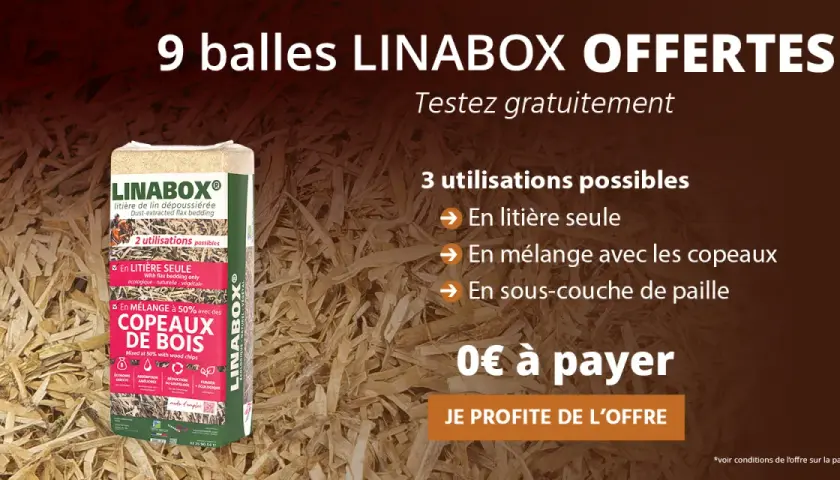 Offre spéciale : 9 balles de litière LINABOX pour chevaux, utilisable seule, en mélange avec copeaux ou en sous-couche de paille. Testez gratuitement !