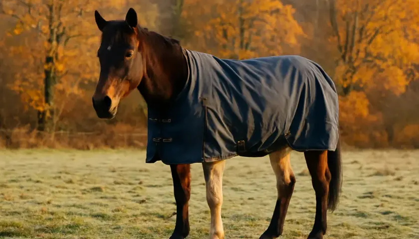 Cheval brun portant une couverture bleue dans un pré brumeux, avec des arbres aux feuilles d'automne dorées en arrière-plan. La tonte cheval au pré est terminée.