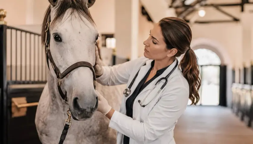 Vétérinaire examinant un cheval dans une écurie, respectant la réglementation pension pour chevaux.