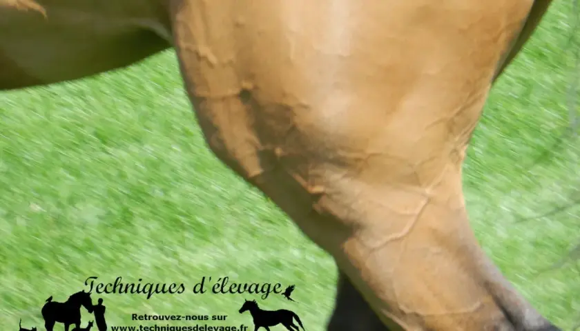 Gros plan sur la cuisse d'un cheval brun, montrant les veines saillantes. Le PSSM cheval est une préoccupation pour les propriétaires.