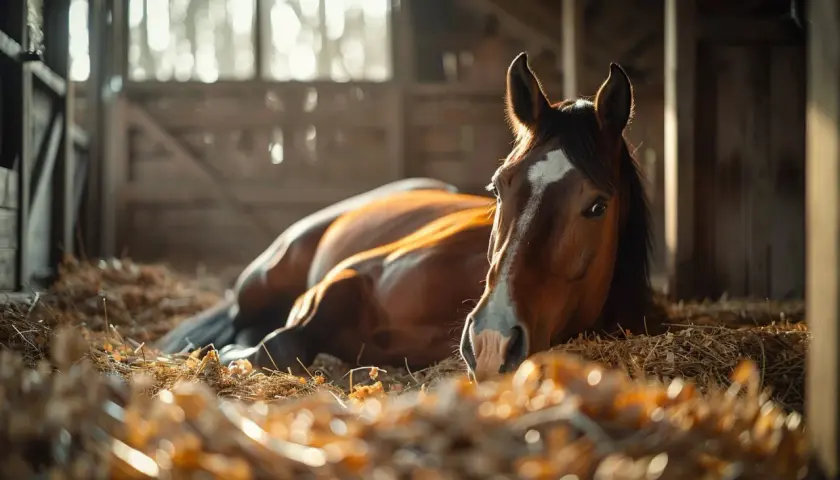 Cheval brun au repos dans une étable sur de la litière de miscanthus. Douce lumière dorée.