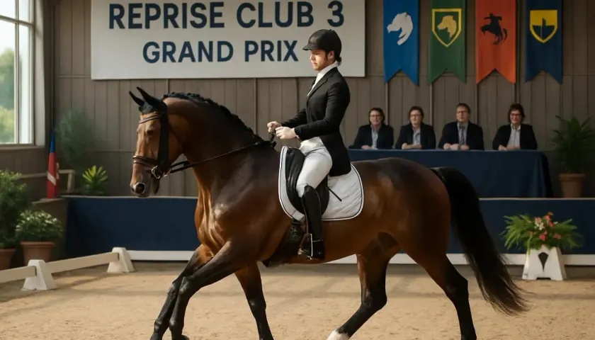 Cavalier en tenue de concours, effectuant une figure de **serpentine équitation** devant des juges.