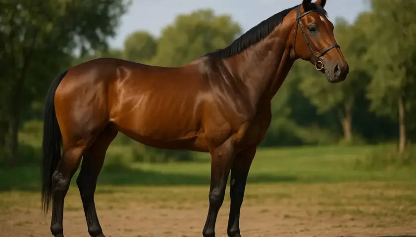 Un magnifique cheval pur sang brun, musclé et fier, se tient dans un pré verdoyant sous un ciel bleu.