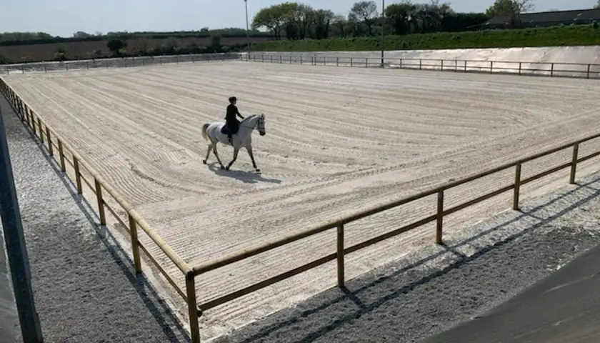 Un cavalier et son cheval blanc évoluent sur les lices d'une carrière d'équitation sablonneuse, sous un ciel bleu.