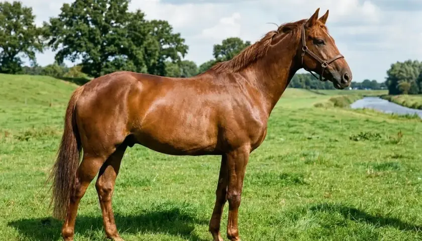 Un magnifique cheval westphalien, robe alezane, se tient dans un pré verdoyant, près d'une rivière.