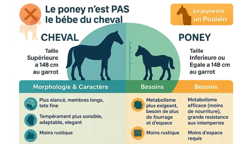 Comparaison cheval/poney : taille (supérieure/inférieure à 148 cm au garrot), morphologie, caractère et besoins. Le poney n'est pas un bébé cheval.