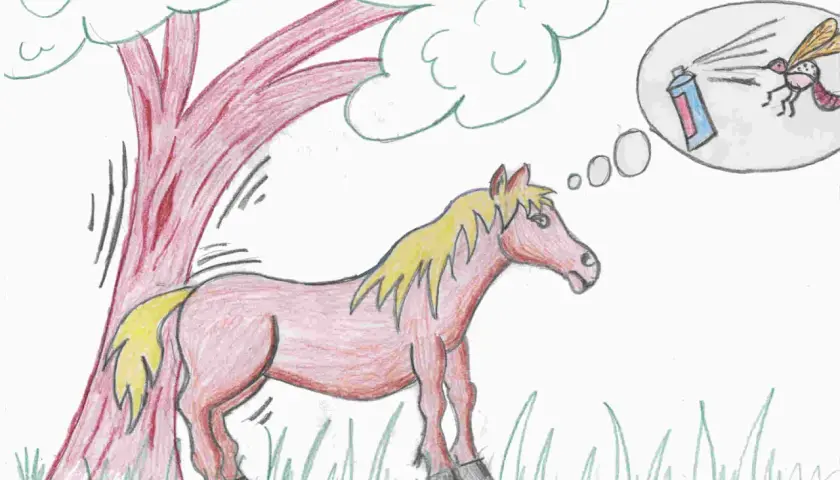 Un cheval qui gratte le sol, sous un arbre, rêve d'un moustique qui se fait pulvériser.