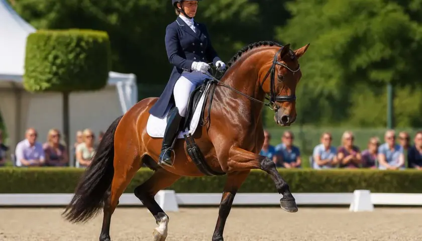 Une cavalière exécute une figure de manège avec son cheval bai. Le couple est en mouvement, le cheval lève une patte avant.