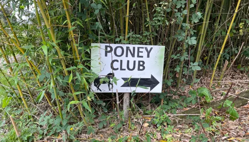 Panneau "Poney Club" avec un poney et une flèche, indiquant la direction. C'est la définition d'un centre équestre pour les plus jeunes.