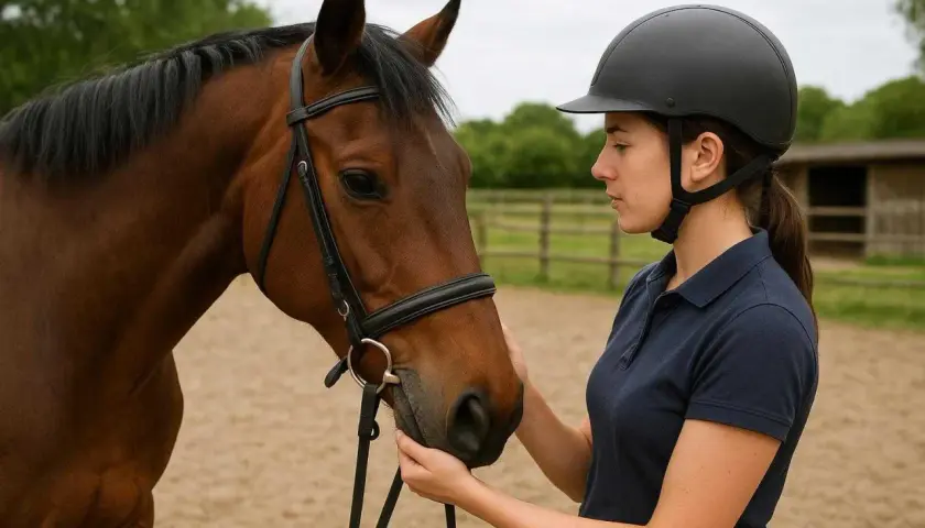 Une cavalière en casque noir caresse la tête d'un cheval bai. Le mécanisme du trot galop 3 est essentiel pour leur harmonie.