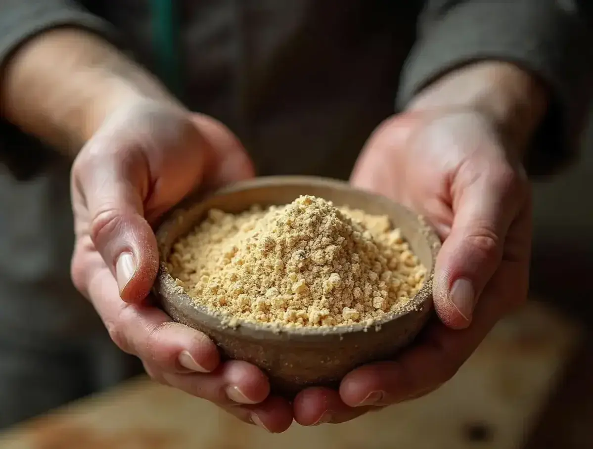 Mains tenant un bol rempli de psyllium blond, une poudre fine et dorée, idéale pour le bien-être digestif de votre cheval.