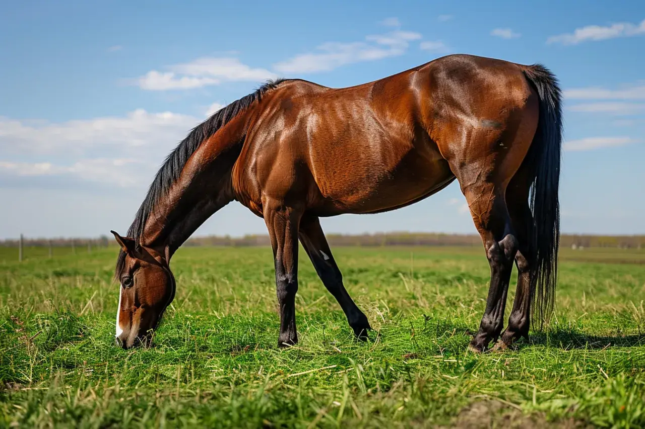 Un cheval brun, le museau dans l'herbe, semble grignoter un peu de terre. Le ciel bleu et les nuages blancs complètent ce tableau champêtre.