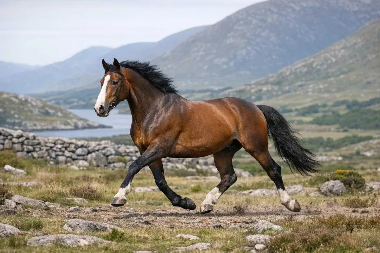 Un magnifique irish sport horse brun galope sur un terrain rocheux, avec des montagnes et un lac en arrière-plan.