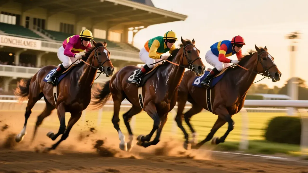 Trois chevaux pur-sang en pleine course, leurs jockeys concentrés, soulevant la poussière sur l'hippodrome au coucher du soleil.