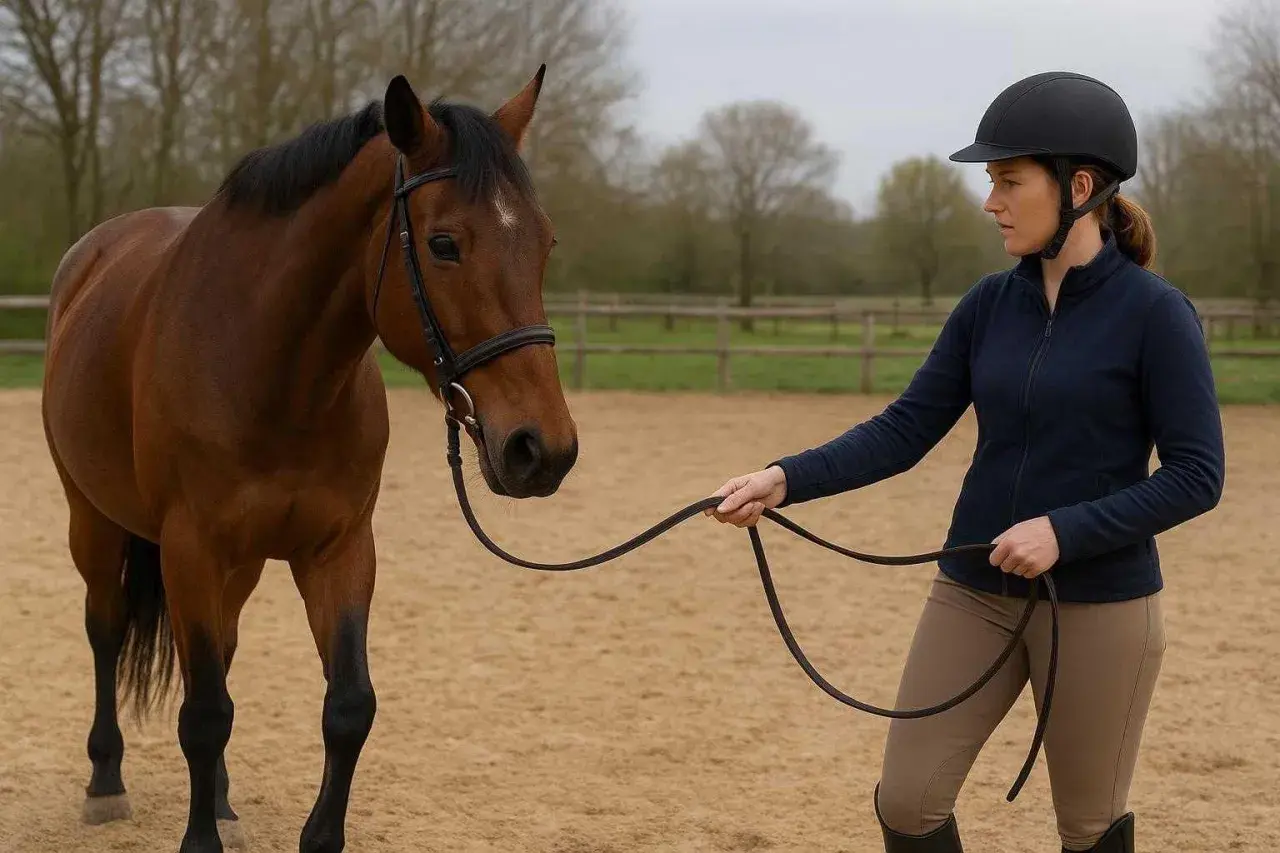 Une cavalière en tenue d'équitation tient les rênes d'un cheval brun dans un manège. Le cheval est prêt pour le trot enlevé.