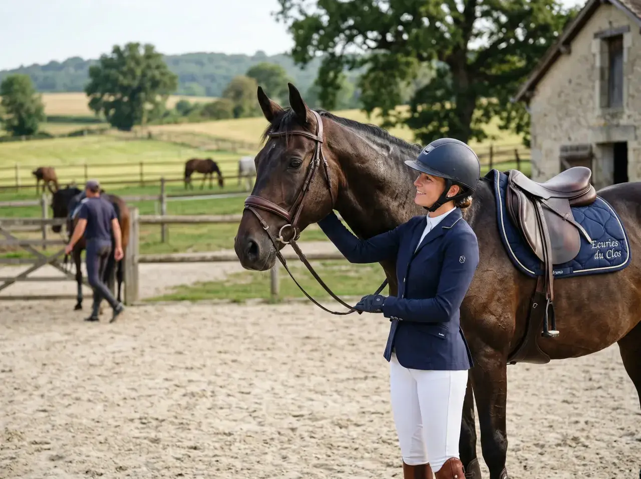 Une cavalière souriante, prête pour la discipline équestre, tient son cheval dans une cour de ferme.