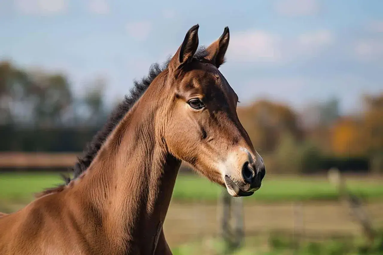Portrait d'un jeune cheval américain au pelage brun, la crinière noire ébouriffée, dans un pré verdoyant sous un ciel bleu.
