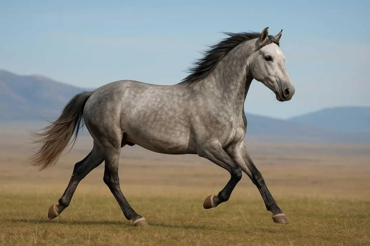 Un magnifique trotteur Orlov gris galope dans une prairie, sa crinière au vent, sous un ciel bleu clair.