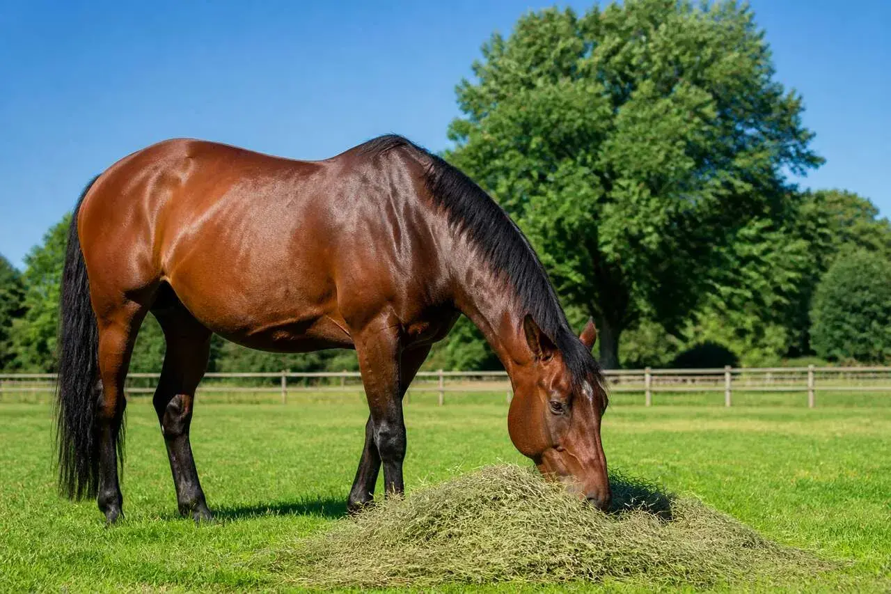 Un magnifique cheval brun, le cheval qui mange paisiblement dans un pré verdoyant sous un ciel bleu clair.