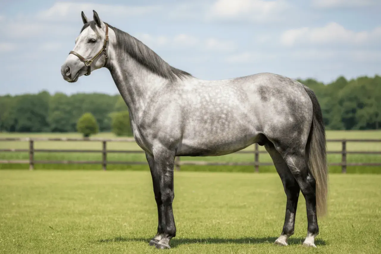Magnifique cheval anglo arabe gris pommelé, fier et élégant, se tient dans un pré verdoyant sous un ciel bleu.