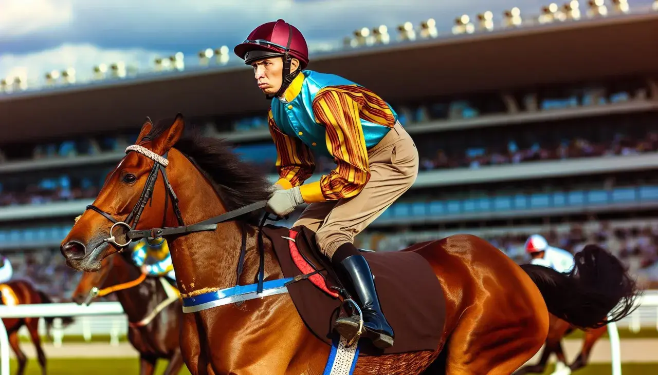 Un jockey concentré sur son cheval brun, prêt pour la course. Les tribunes bondées en arrière-plan.