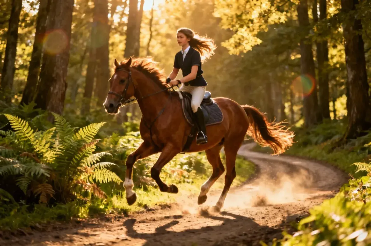 Une jeune femme en tenue d'équitation de travail galope sur un sentier forestier baigné de soleil.